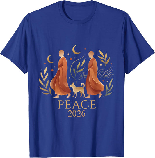 Walk Peace 2026 World Peace Monks with Aloka Dog Spiritual T-Shirt - T-Shirt | Royal