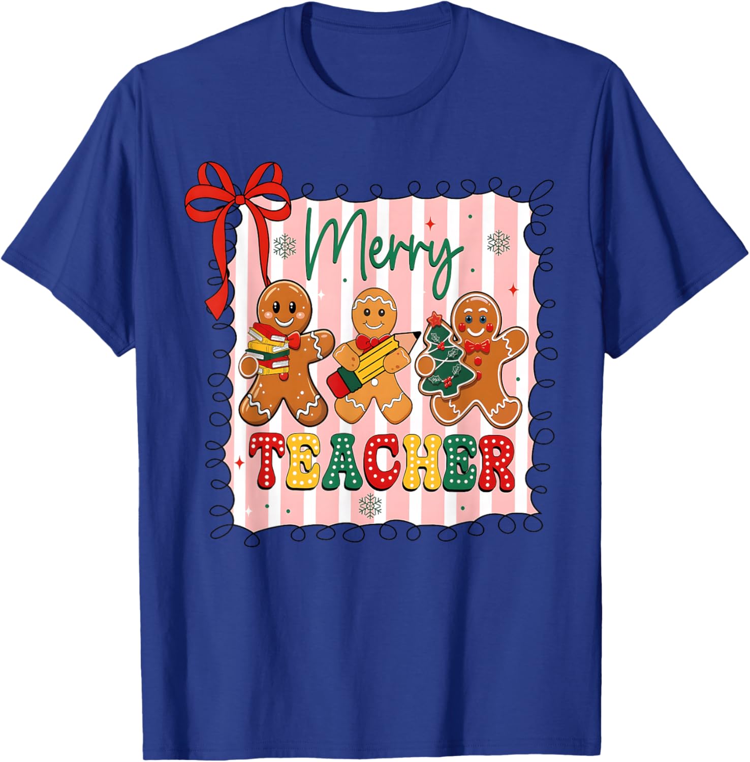 Christmas Preppy Gingerbread Coquette Bow Merry Teacher T-Shirt - T-Shirt | Royal