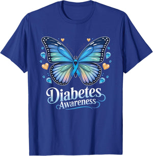 Diabetes Awareness Butterfly Blue Ribbon T1D T-Shirt - T-Shirt | Royal