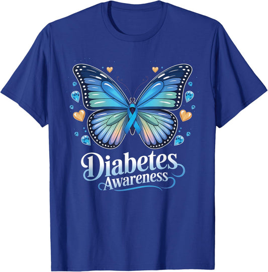Diabetes Awareness Butterfly Blue Ribbon T1D T-Shirt - T-Shirt | Royal