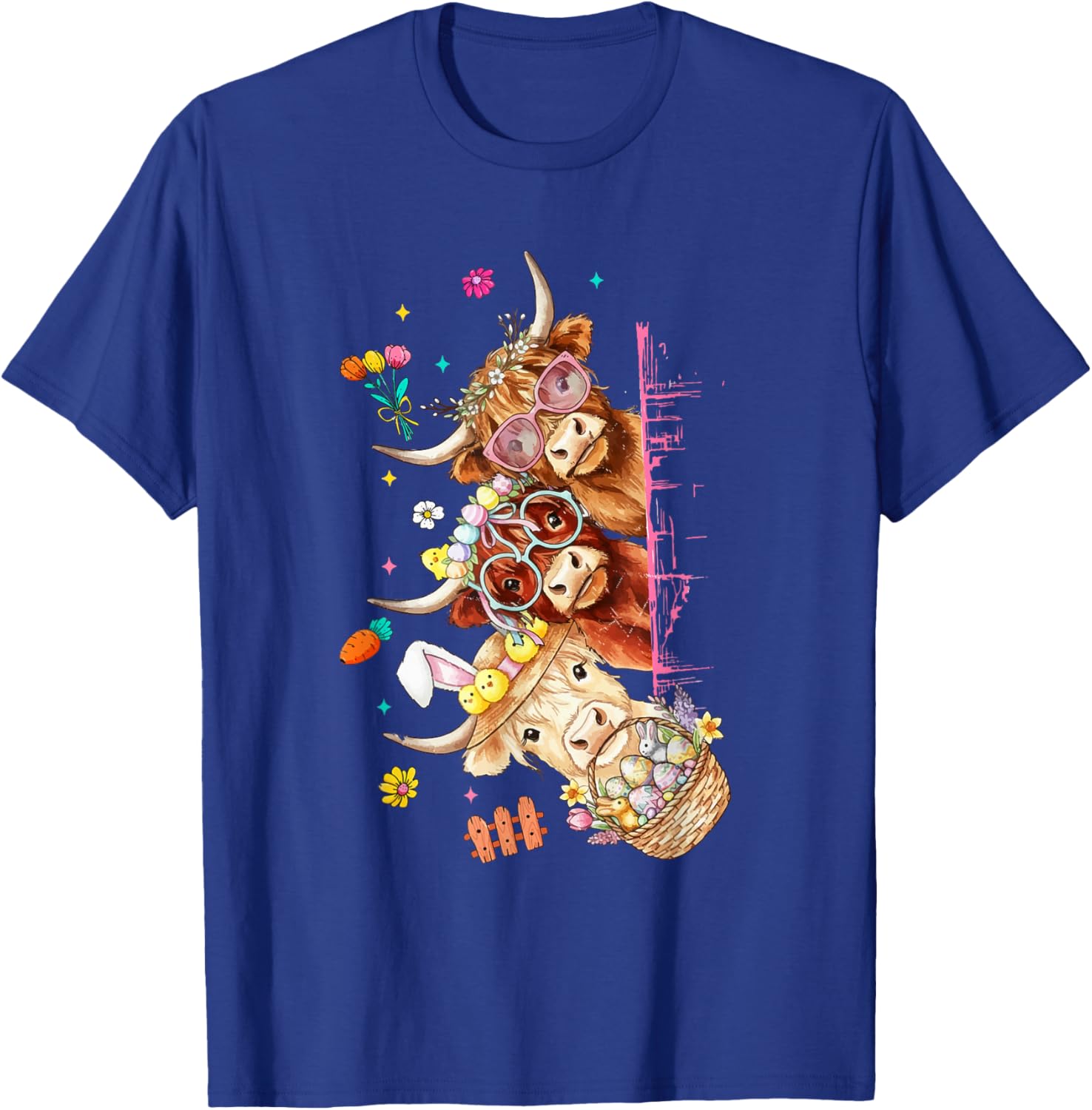 Retro Cute Bunny Easter Day Highland Cow Lover Spring Season T-Shirt - T-Shirt | Royal