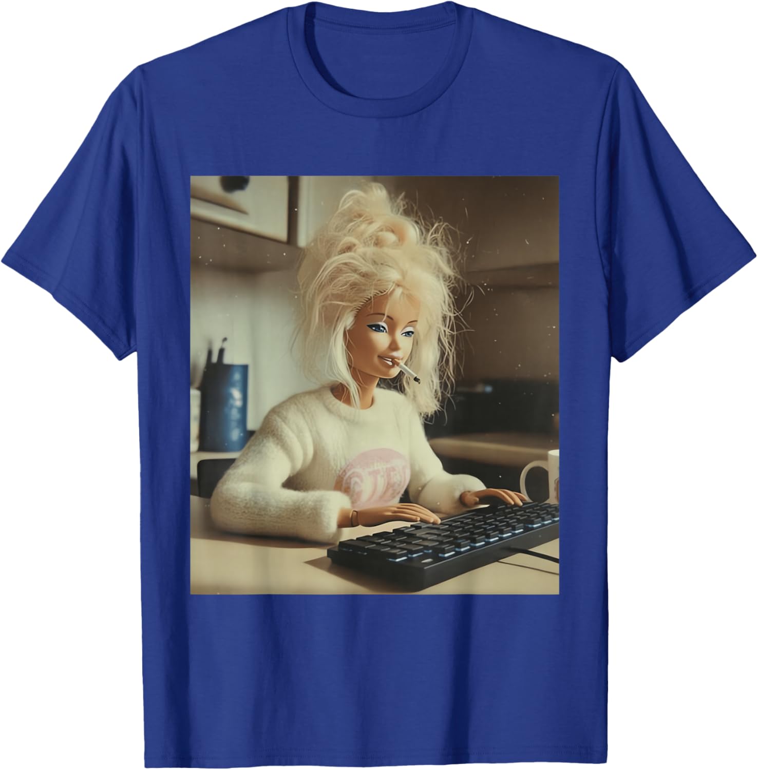 Funny Doll Face Working and Smoking Distressed Meme T-Shirt - T-Shirt | Royal