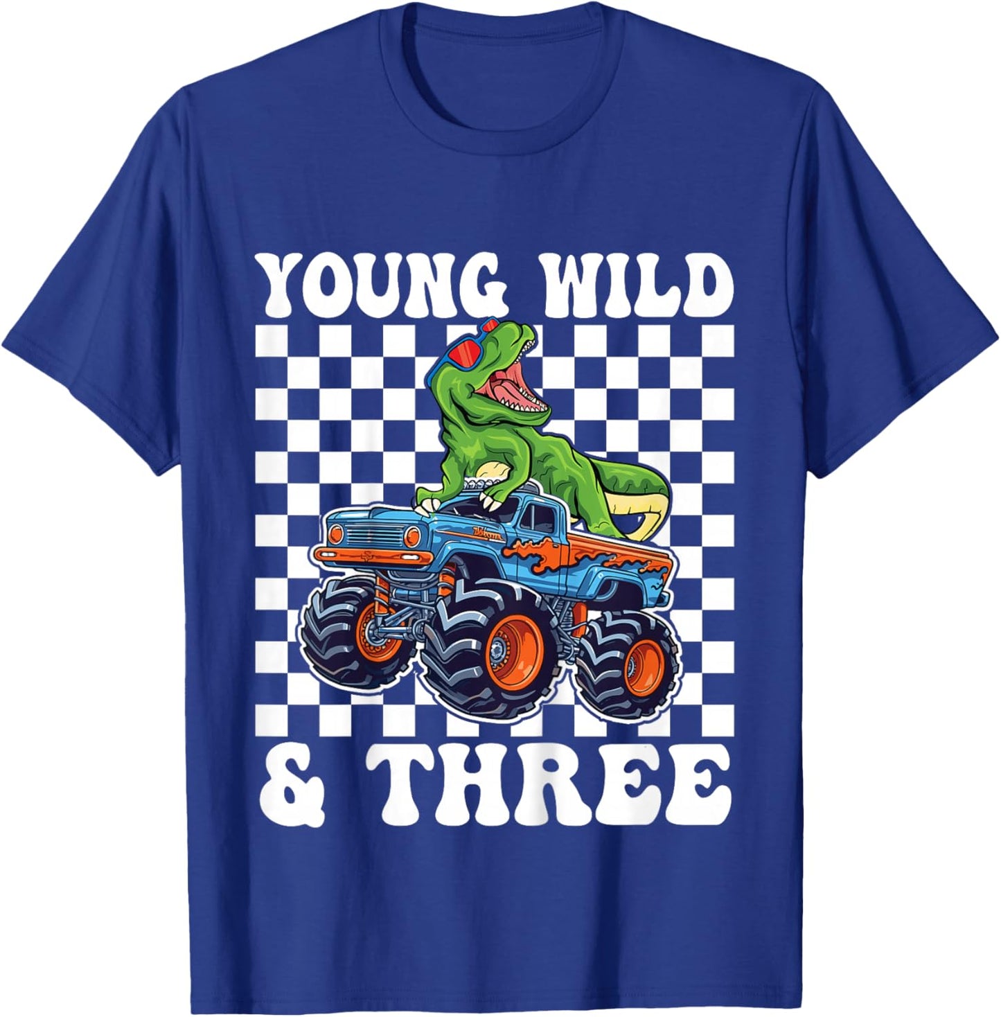 3rd Birthday Monster Truck Young Wild and Three 3 Year Old T-Shirt - T-Shirt | Royal