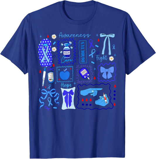 Preppy Fight Hope Cure Coquette Bow Diabetes Awareness T-Shirt - T-Shirt | Royal