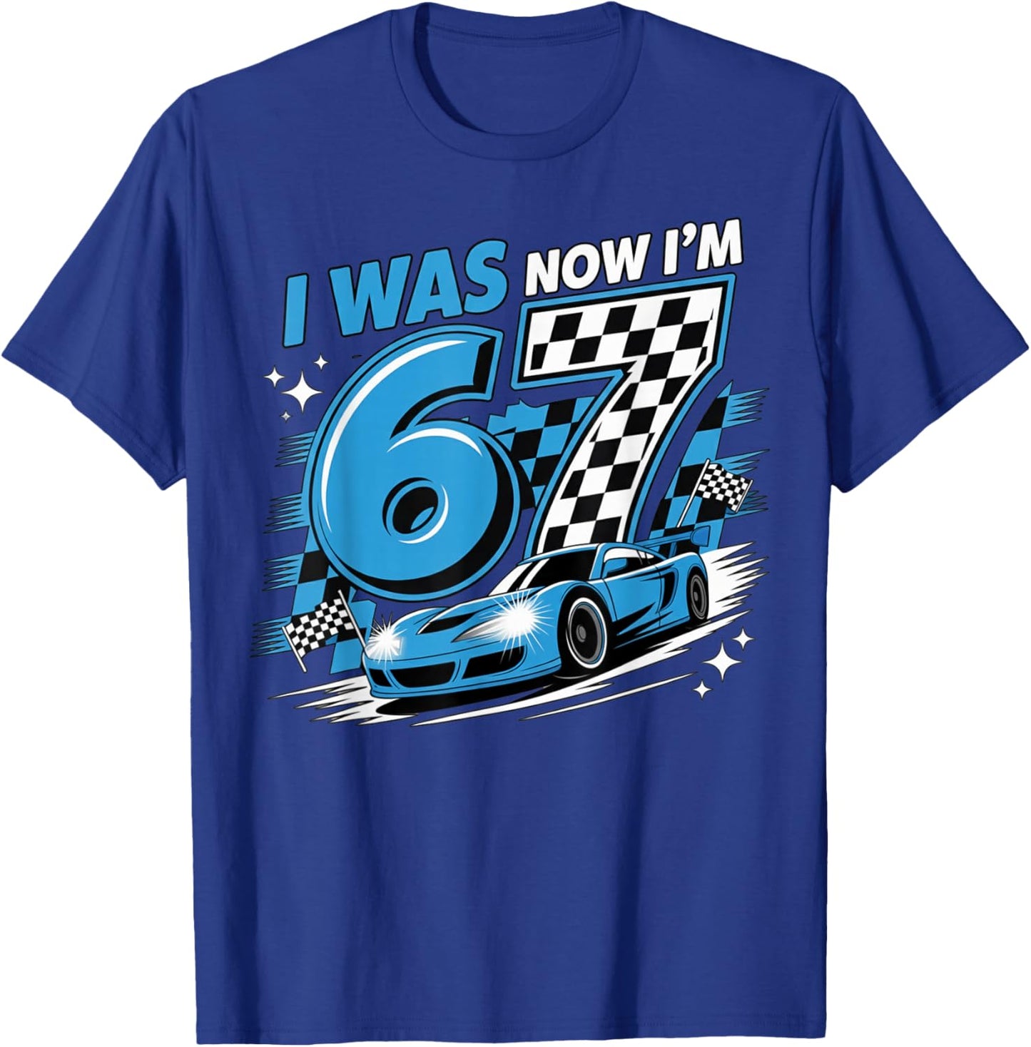 Blue Checkered Car Race I was 6 Now I'm 7 Birthday Boy Bday T-Shirt - T-Shirt | Royal