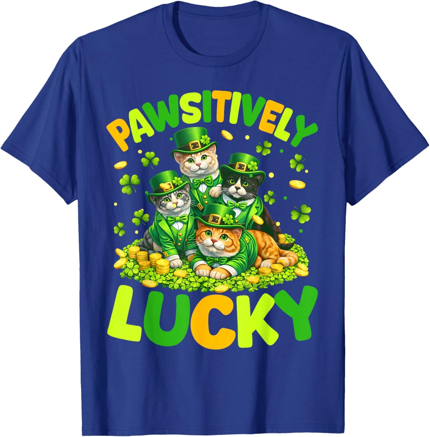 Pawsitively Lucky Cats St Patricks Day Cat Lover Women Kids T-Shirt - T-Shirt | Royal