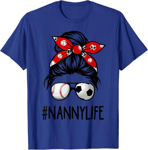 Bleached Nanny Life Soccer Messy Bun Baseball Game Day T-Shirt - T-Shirt | Royal