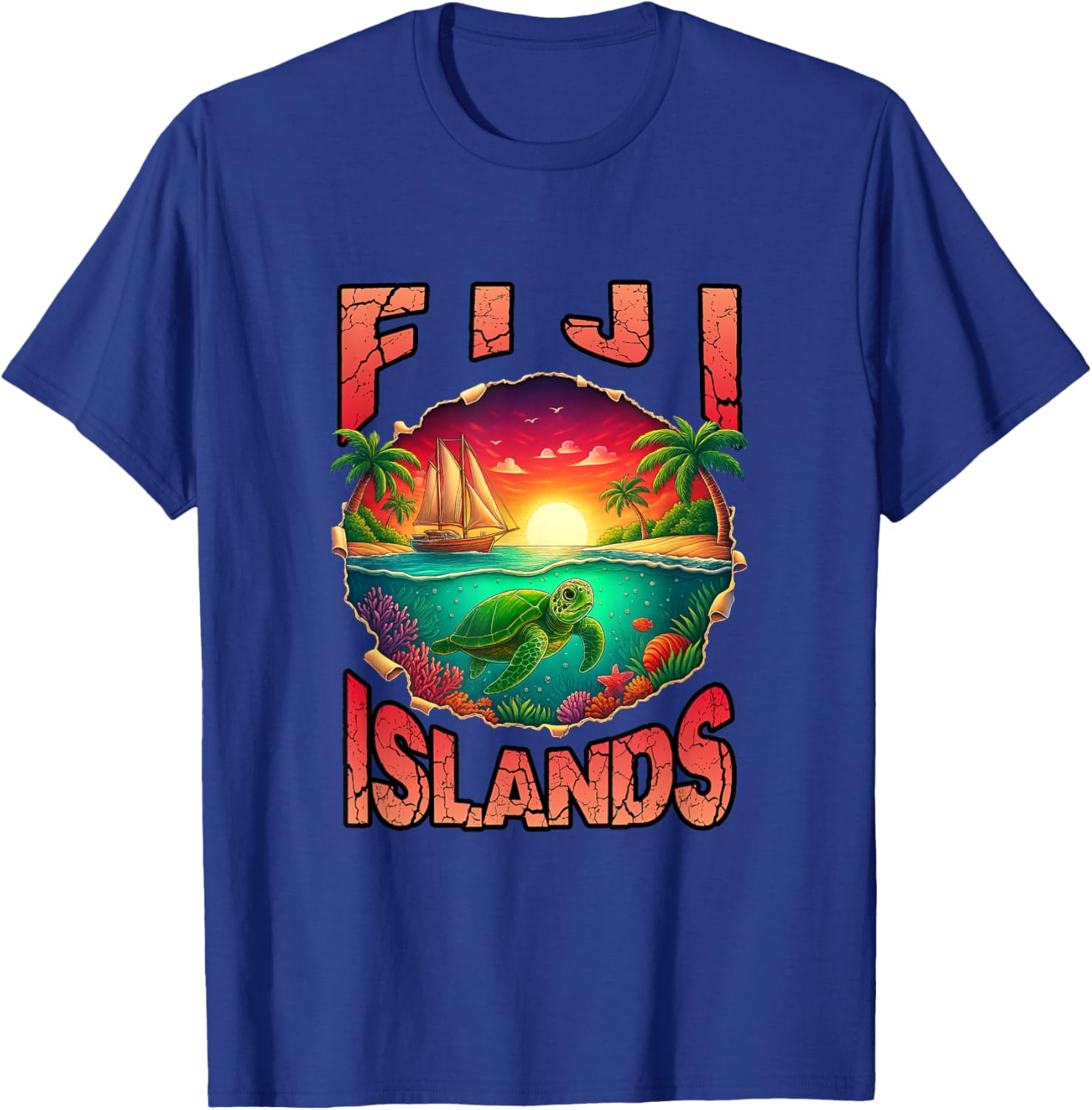 Fiji Islands Tropical Beach Sea Turtle Retro Vacation T-Shirt - T-Shirt | Royal
