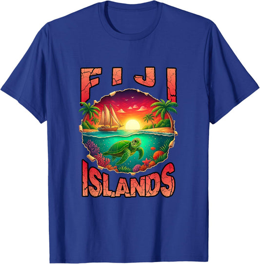 Fiji Islands Tropical Beach Sea Turtle Retro Vacation T-Shirt - T-Shirt | Royal