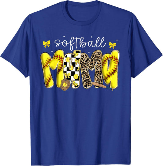 Softball Mama Leopard Coquette Bow Mom Mother Women T-Shirt - T-Shirt | Royal