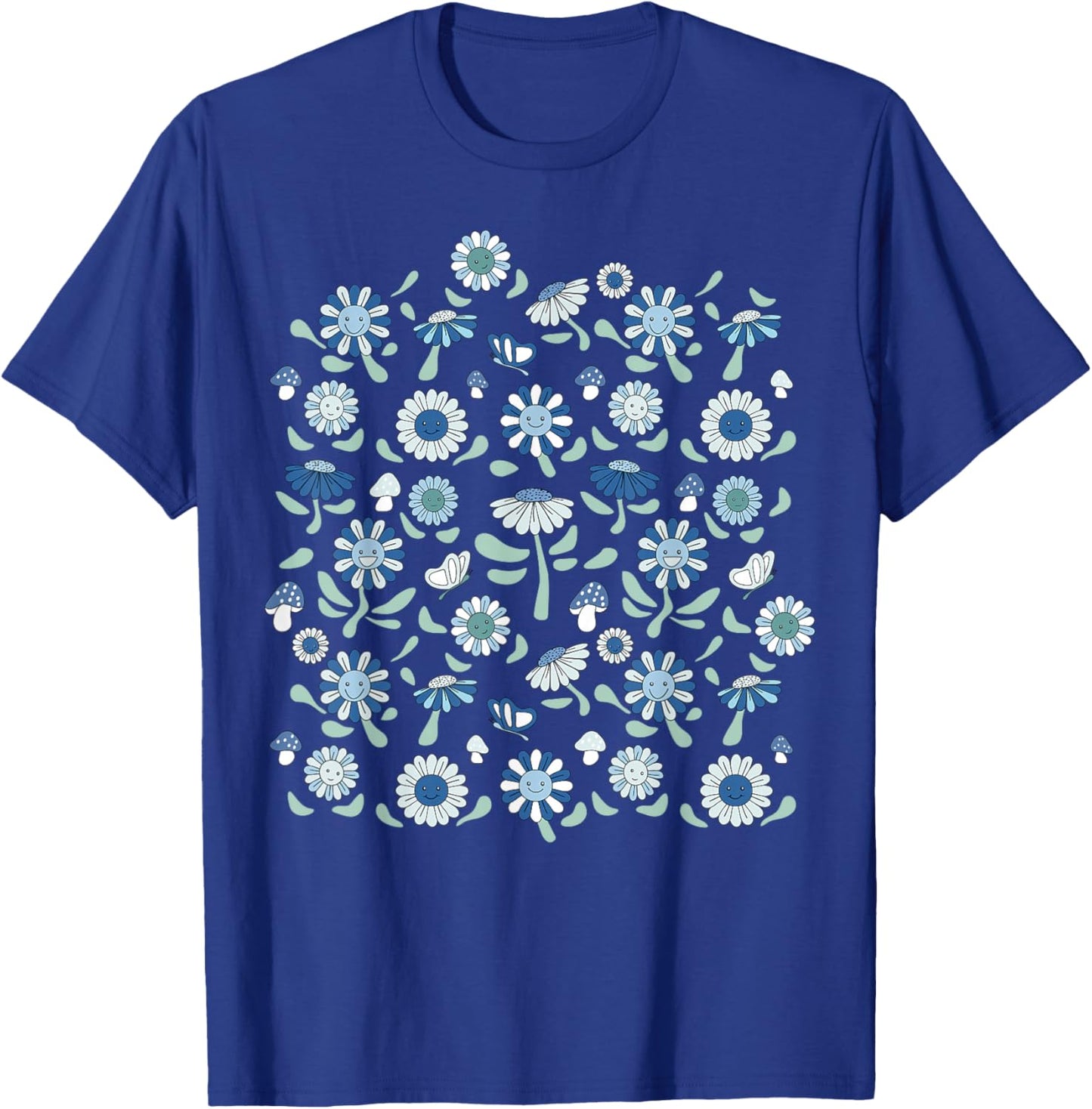 Flowers Butterflies & Mushrooms Retro Light Blue Aesthetic T-Shirt - T-Shirt | Royal