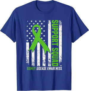 Support Squad American Flag Green Ribbon USA Kidney Disease T-Shirt - T-Shirt | Royal