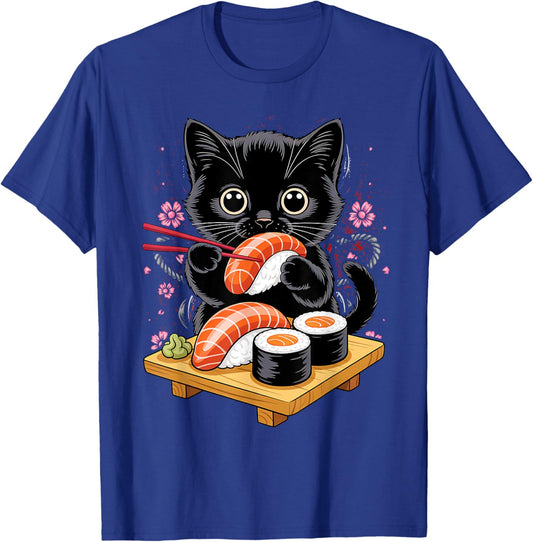 Cute Kawaii Black Cat Eating Sushi Funny Japanese T-Shirt - T-Shirt | Royal