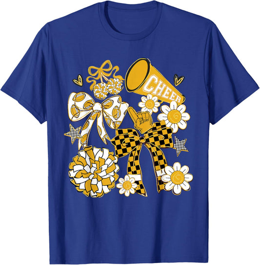 Coquette Bow Football Gold Black Game Cheer Mom Touchdown T-Shirt - T-Shirt | Royal