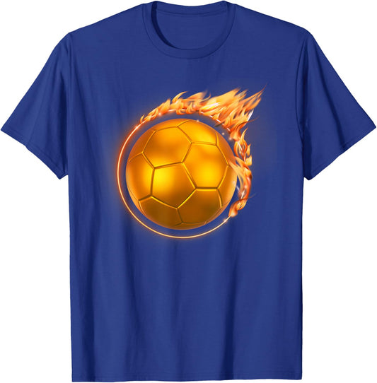 Flaming Gold Soccer Ball Fireball Flames Soccer Player Coach T-Shirt - T-Shirt | Royal