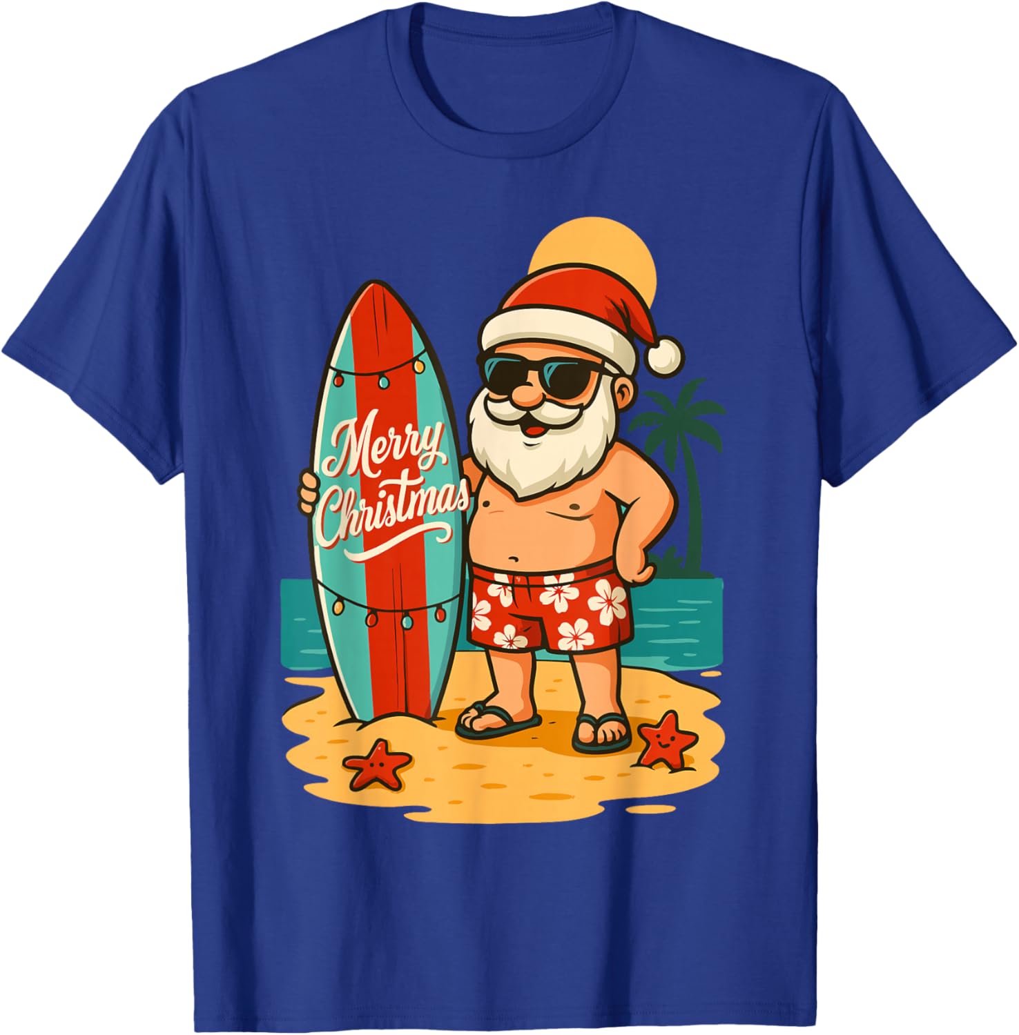 Santa Surfing Hawaiian Beach Christmas in July Tropical Xmas T-Shirt - T-Shirt | Royal