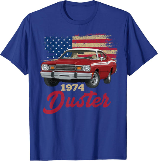 1974 74 Duster Silhouette Muscle Car American Flag T-Shirt - T-Shirt | Royal