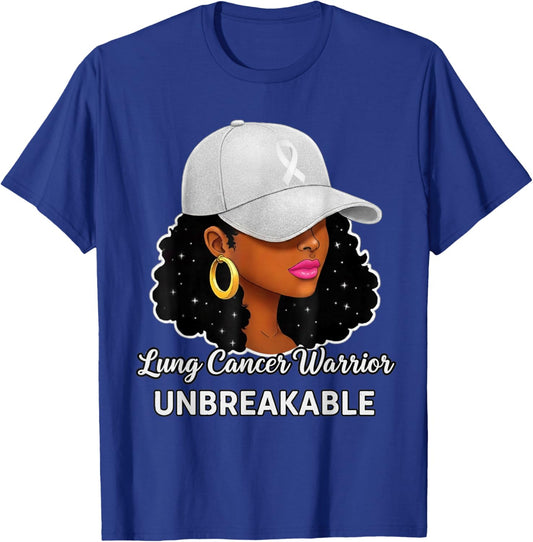 Lung Cancer Warrior Unbreakable Black Women Awareness T-Shirt - T-Shirt | Royal