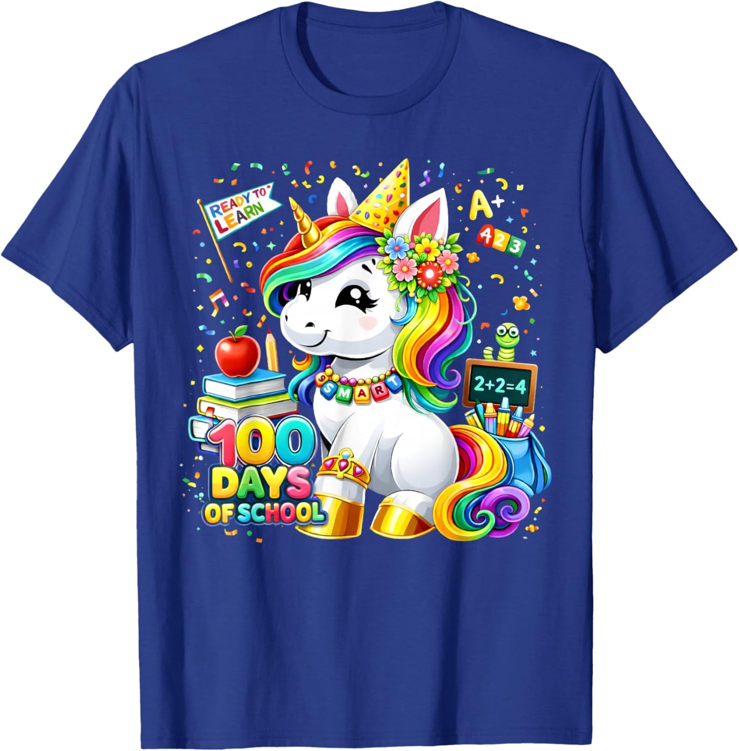 Cute Unicorn 100 Days of School Smarter 100th Day Girls Kids T-Shirt - T-Shirt | Royal
