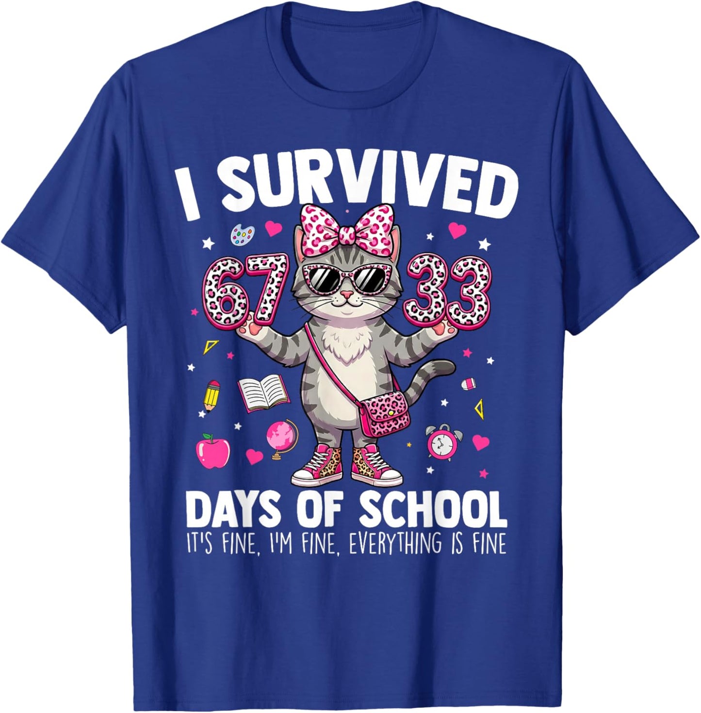 I Survived 67 33 Days of School Teacher Kids Girls 100th Day T-Shirt - T-Shirt | Royal