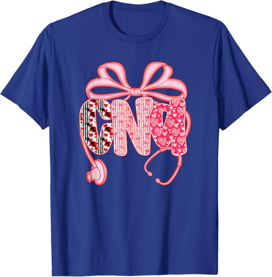 CNA Nurse Valentine's Day Heart Stethoscope Coquette Bow T-Shirt - T-Shirt | Royal