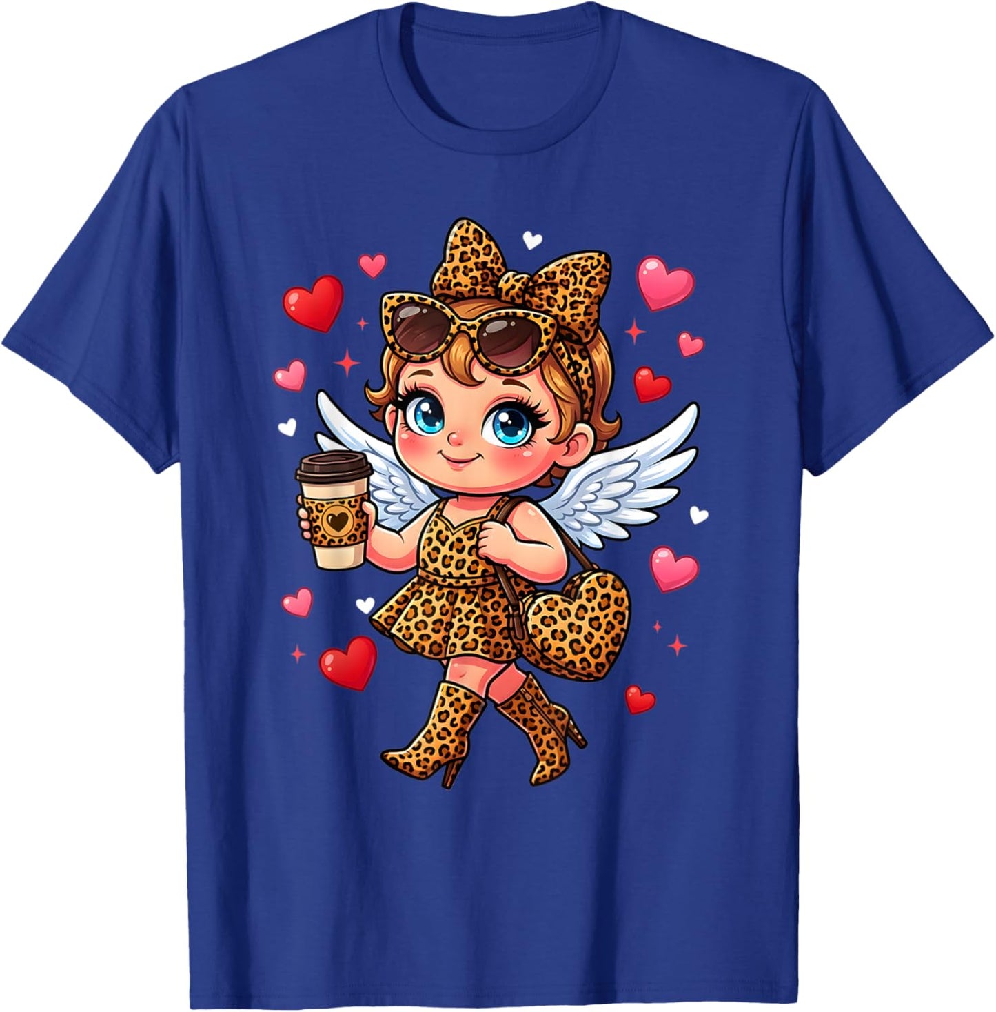 Leopard Cupid Drinking Coffee Valentines Day Women Heart T-Shirt - T-Shirt | Royal