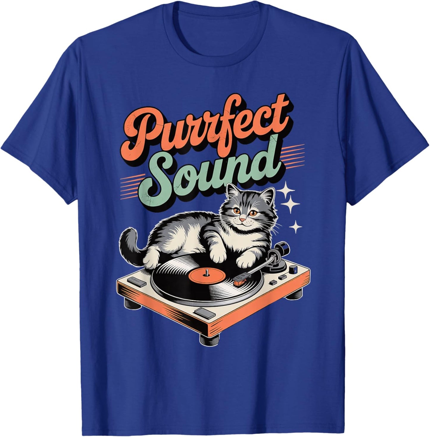 Purrfect Sound Funny Cat on Vinyl Record Player Music Lovers T-Shirt - T-Shirt | Royal