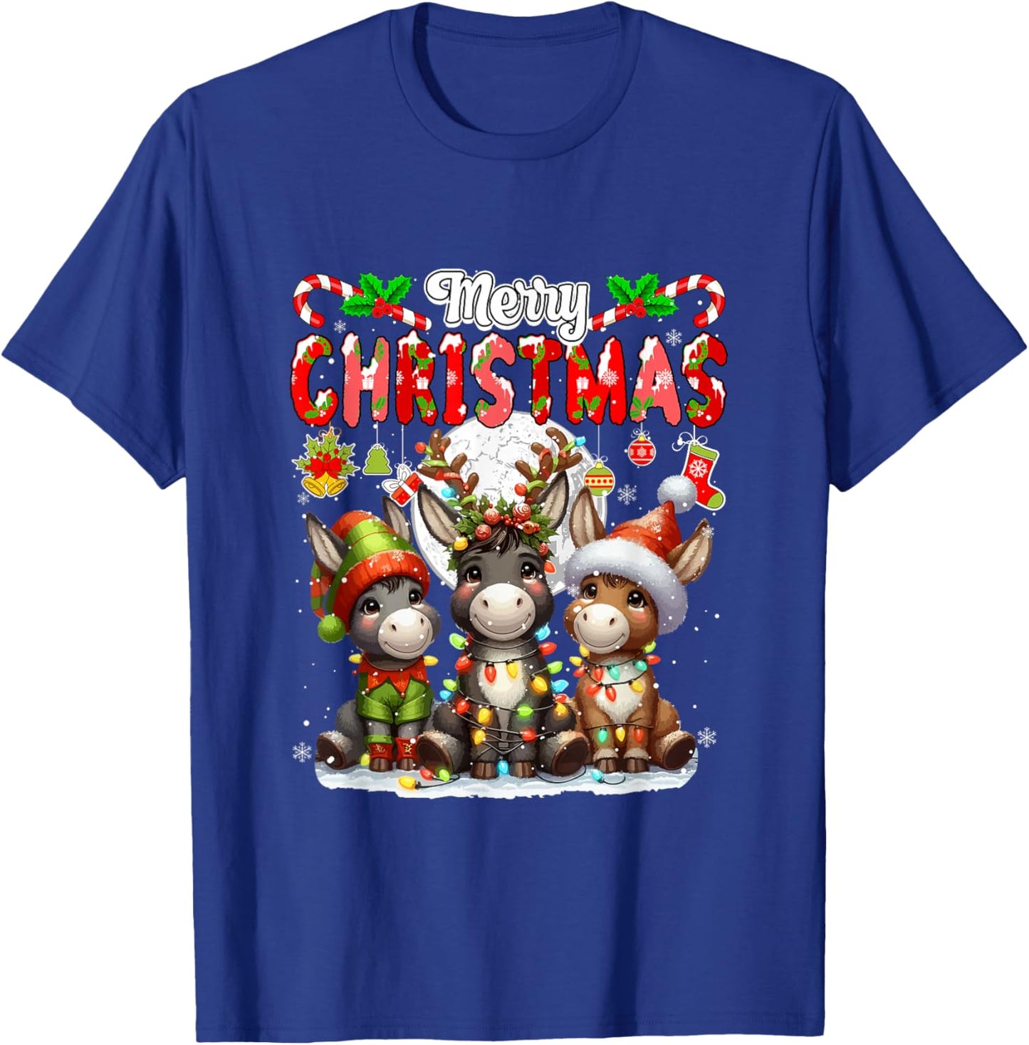 Merry Christmas Three Santa Reindeer Elf Donkeys Colorful T-Shirt - T-Shirt | Royal