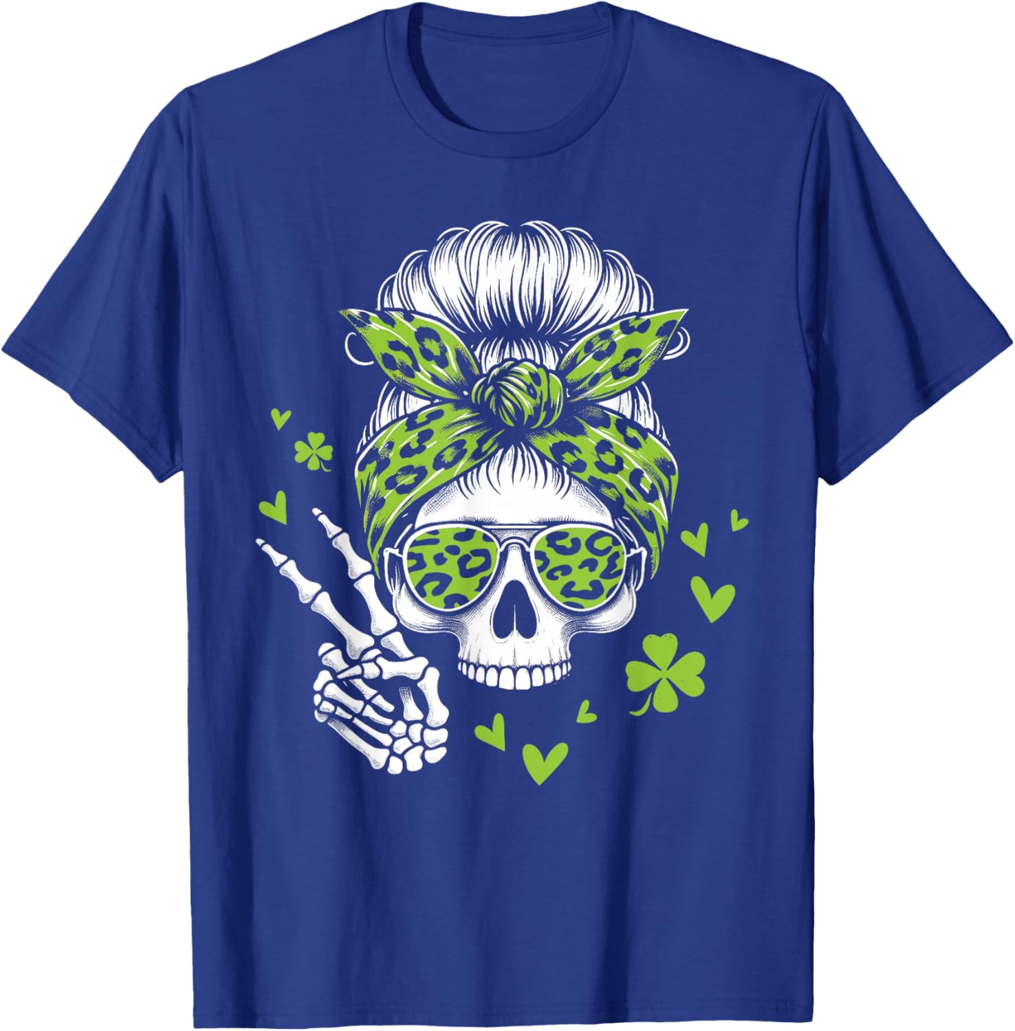Skull St Patricks Day Shamrock Messy Hair Bun Irish Women T-Shirt - T-Shirt | Royal