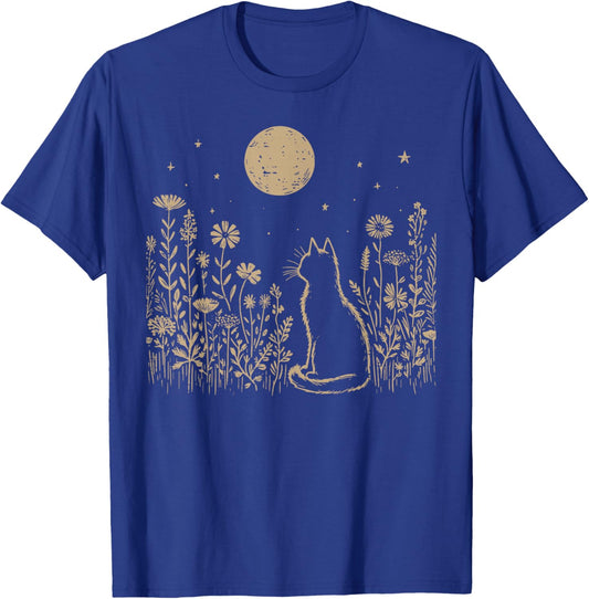 Black Cat Moon Flowers Kitten Cottagecore Women Girls Kids T-Shirt - T-Shirt | Royal