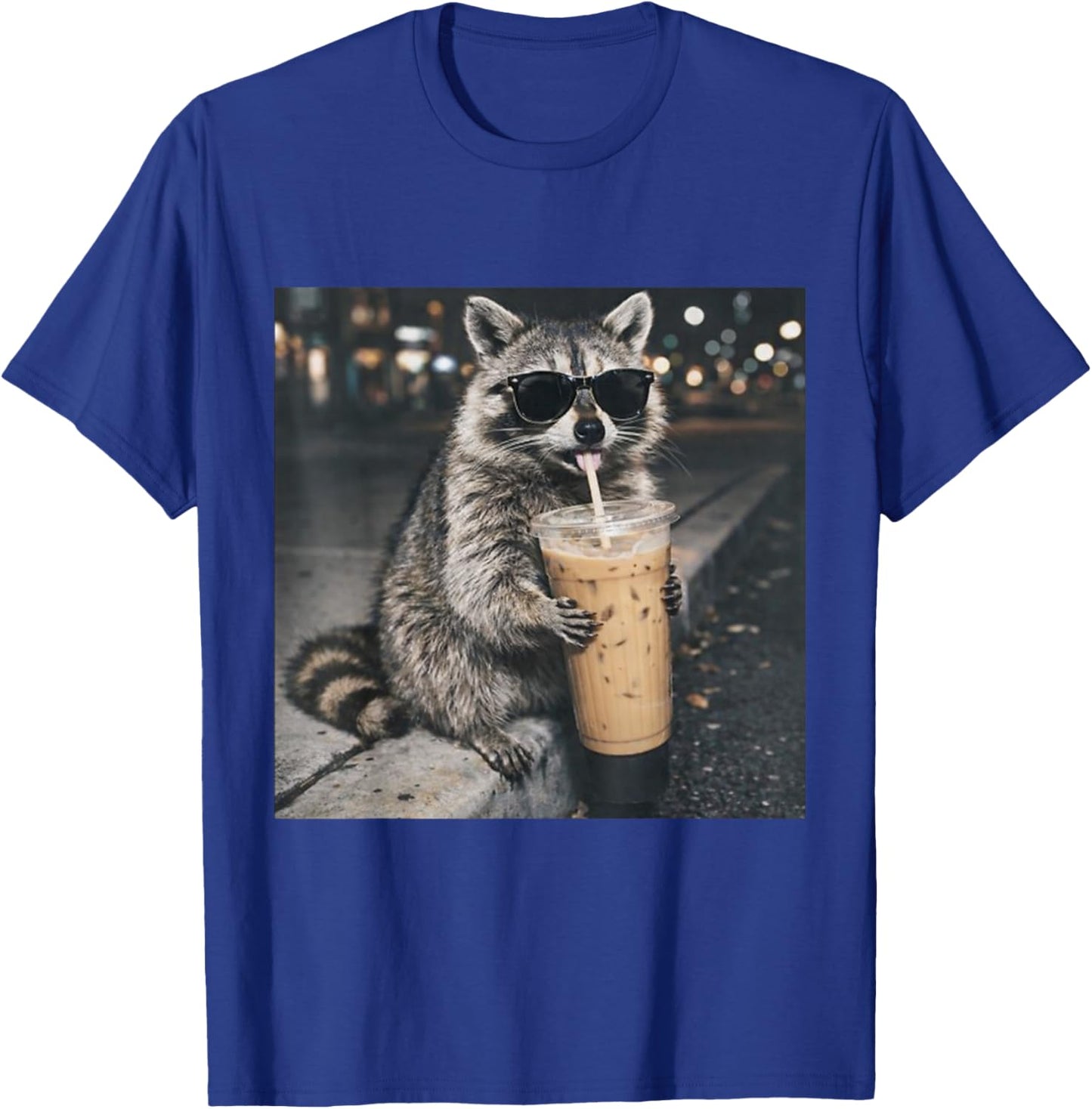 Raccoon Drinking Iced Coffee Funny Animal Meme Men Women T-Shirt - T-Shirt | Royal