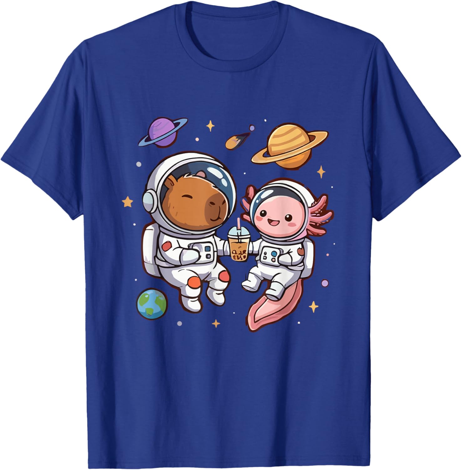Kawaii Astronaut Capybara Axolotl Space Bubble Tea T-Shirt - T-Shirt | Royal