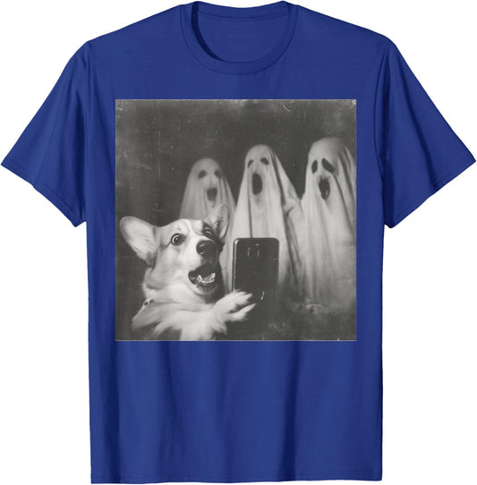 Funny Corgi Selfie with Ghosts, Retro Halloween Design T-Shirt - T-Shirt | Royal