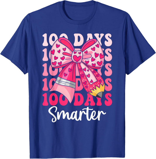 100 Days Smarter Coquette Bow Girls Kids 100th Day of School T-Shirt - T-Shirt | Royal