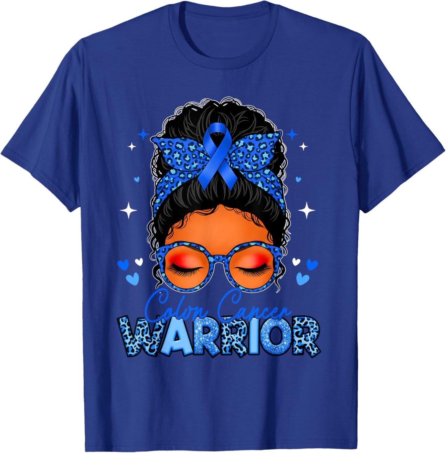 Colon Cancer Warrior Blue Messy Bun Colon Cancer Awareness T-Shirt - T-Shirt | Royal