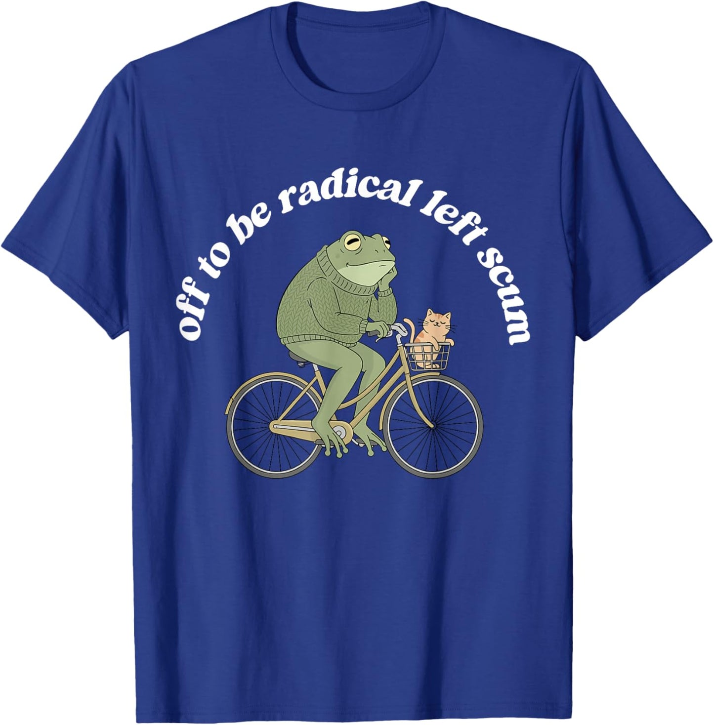 Off to Be Radical Left Funny Cum Frog and Cat Bicycle Print T-Shirt - T-Shirt | Royal