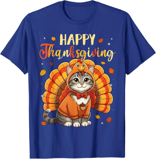 Happy Thanksgiving Cat Turkey Day Fall Women Girls Kids Men T-Shirt - T-Shirt | Royal