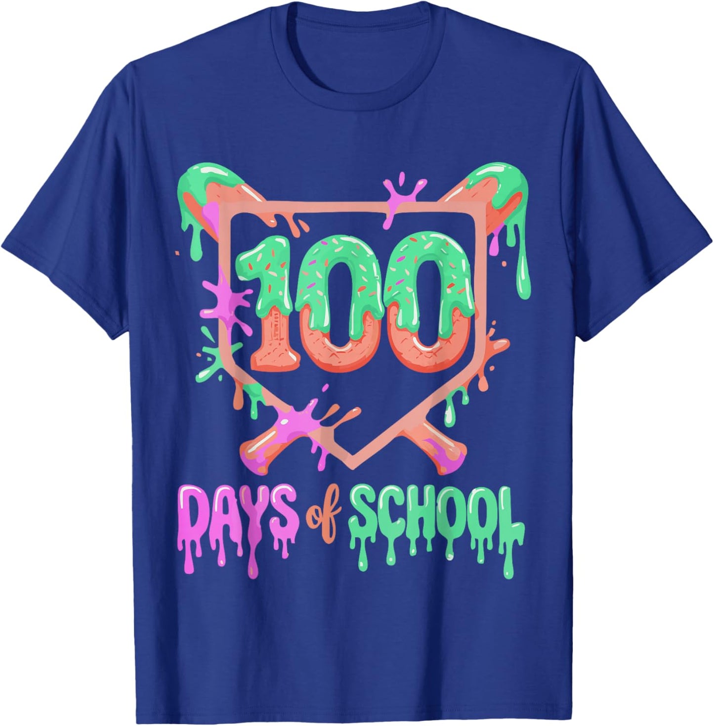100 Days of School Baseball Ice Cream Drip 100th Day Player T-Shirt - T-Shirt | Royal