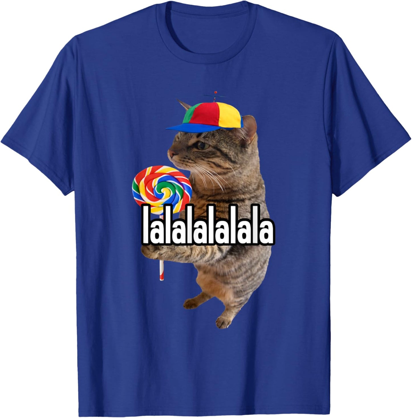 Lalalala Funny Silly Cat with Lollipop Meme Men Women T-Shirt - T-Shirt | Royal