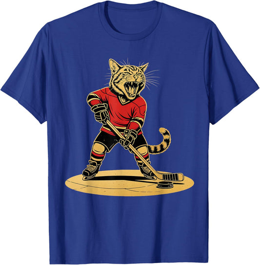 Funny Ice Hockey Cat Playing Ice Hockey T-Shirt - T-Shirt | Royal