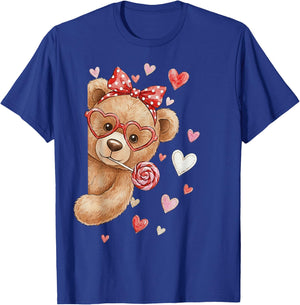 Teddy Bear Heart Glasses Cute Valentines Day Lollipop Humor T-Shirt - T-Shirt | Royal