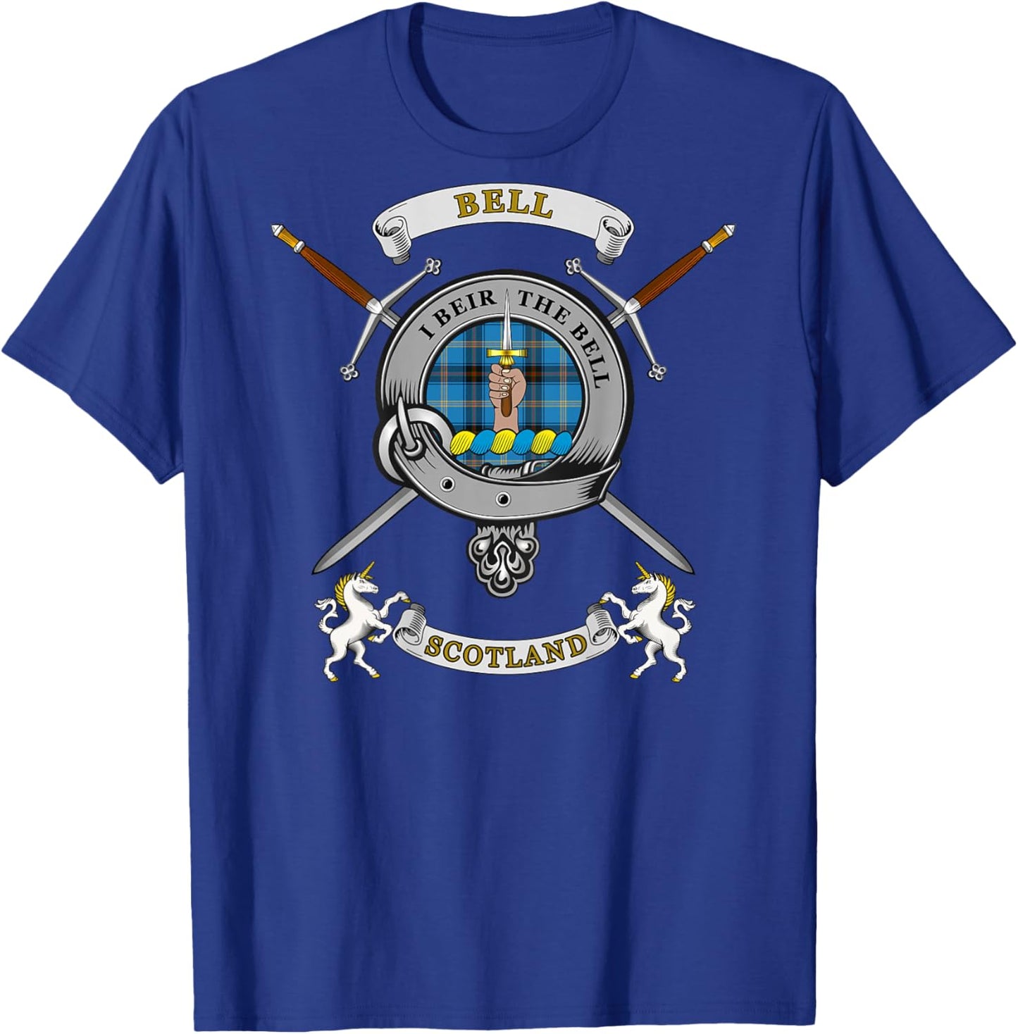 Bell Scottish Clan Badge Tartan & Swords (Back) T-Shirt - T-Shirt | Royal