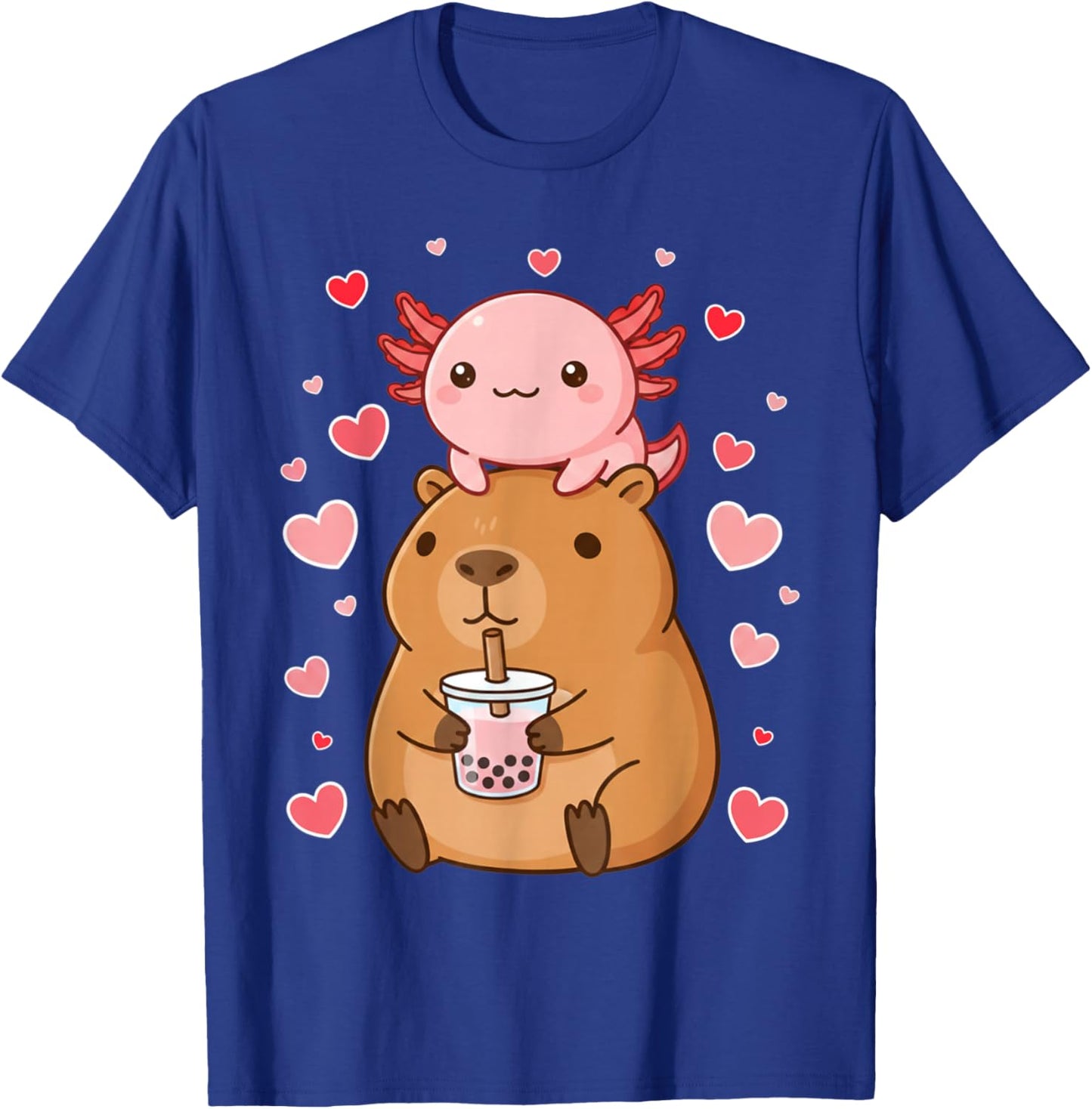 Cute Kawaii Axolotl Capybara Bubble Tea Boys Girls Valentine T-Shirt - T-Shirt | Royal