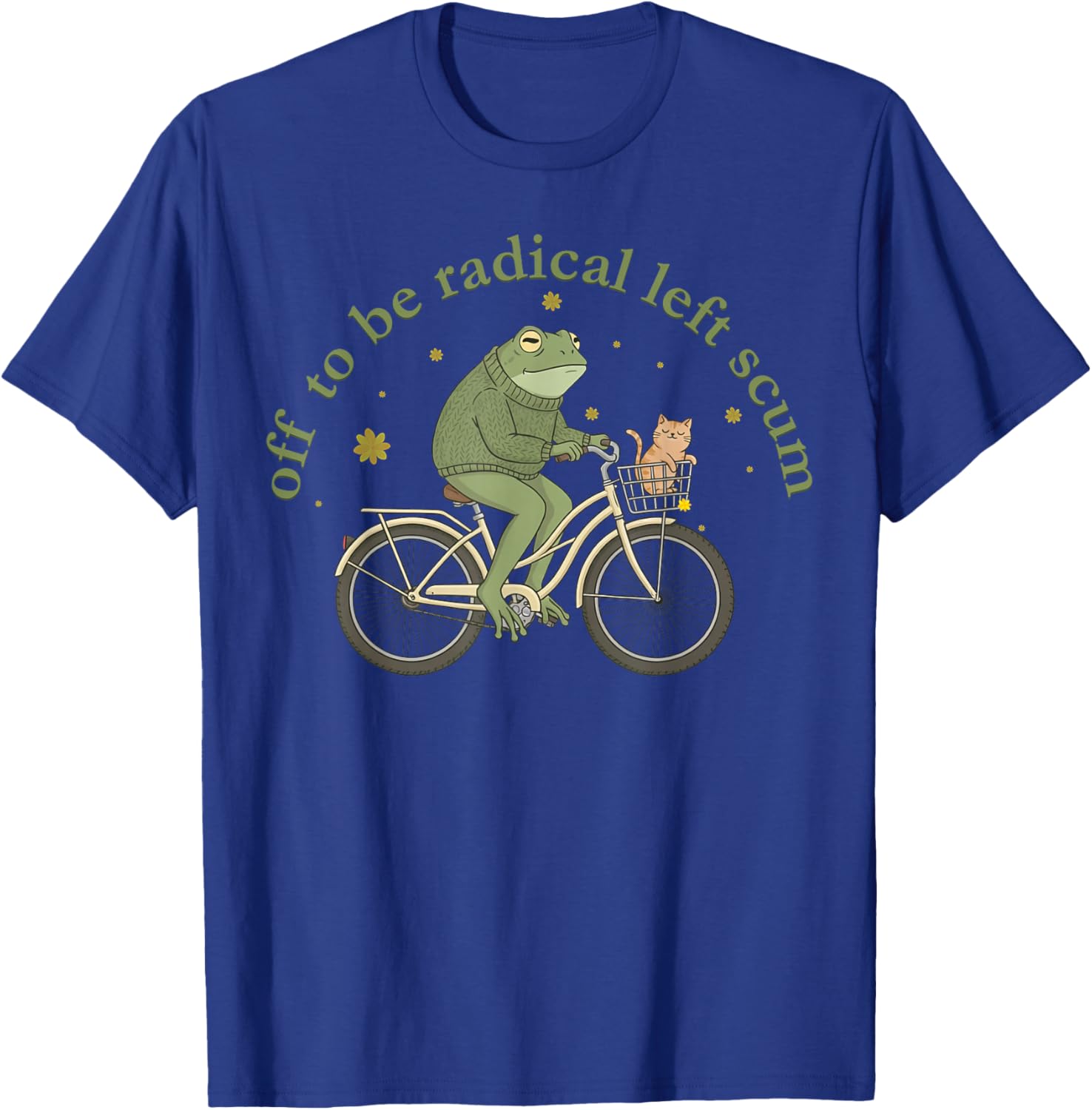 Off to Be Radical Left Scum Funny Frog and Cat on Bicycle T-Shirt - T-Shirt | Royal