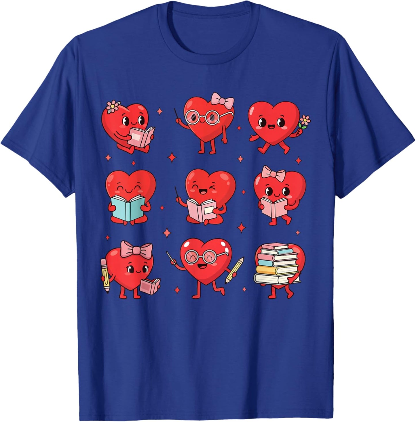Cute Reading Hearts Valentine Day Book Lover Teacher Student T-Shirt - T-Shirt | Royal