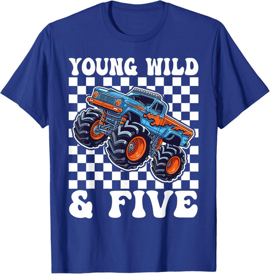 5th Birthday Monster Truck Young Wild and Five 5 Year Old T-Shirt - T-Shirt | Royal