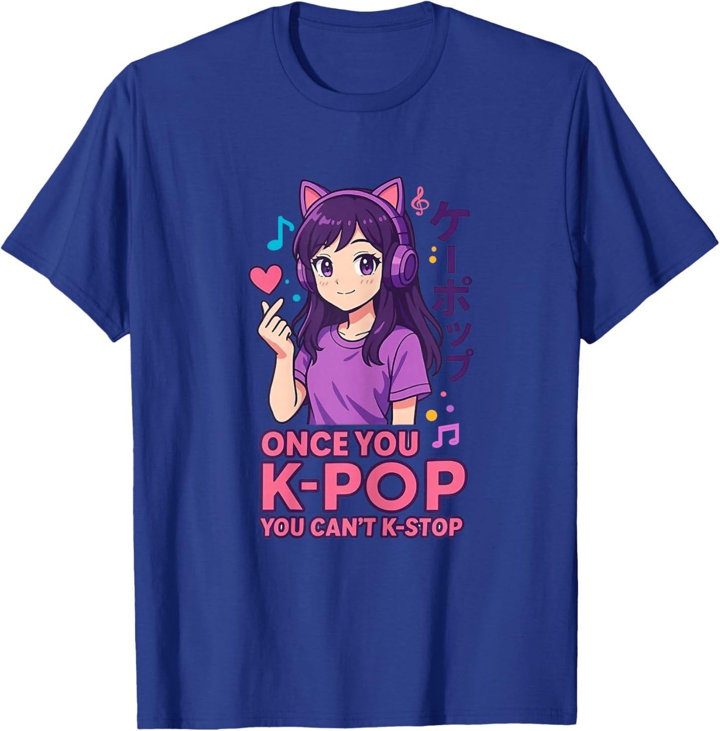 Cute Kawaii Girl with Cat Headphones Kpop Music Fans T-Shirt - T-Shirt | Royal