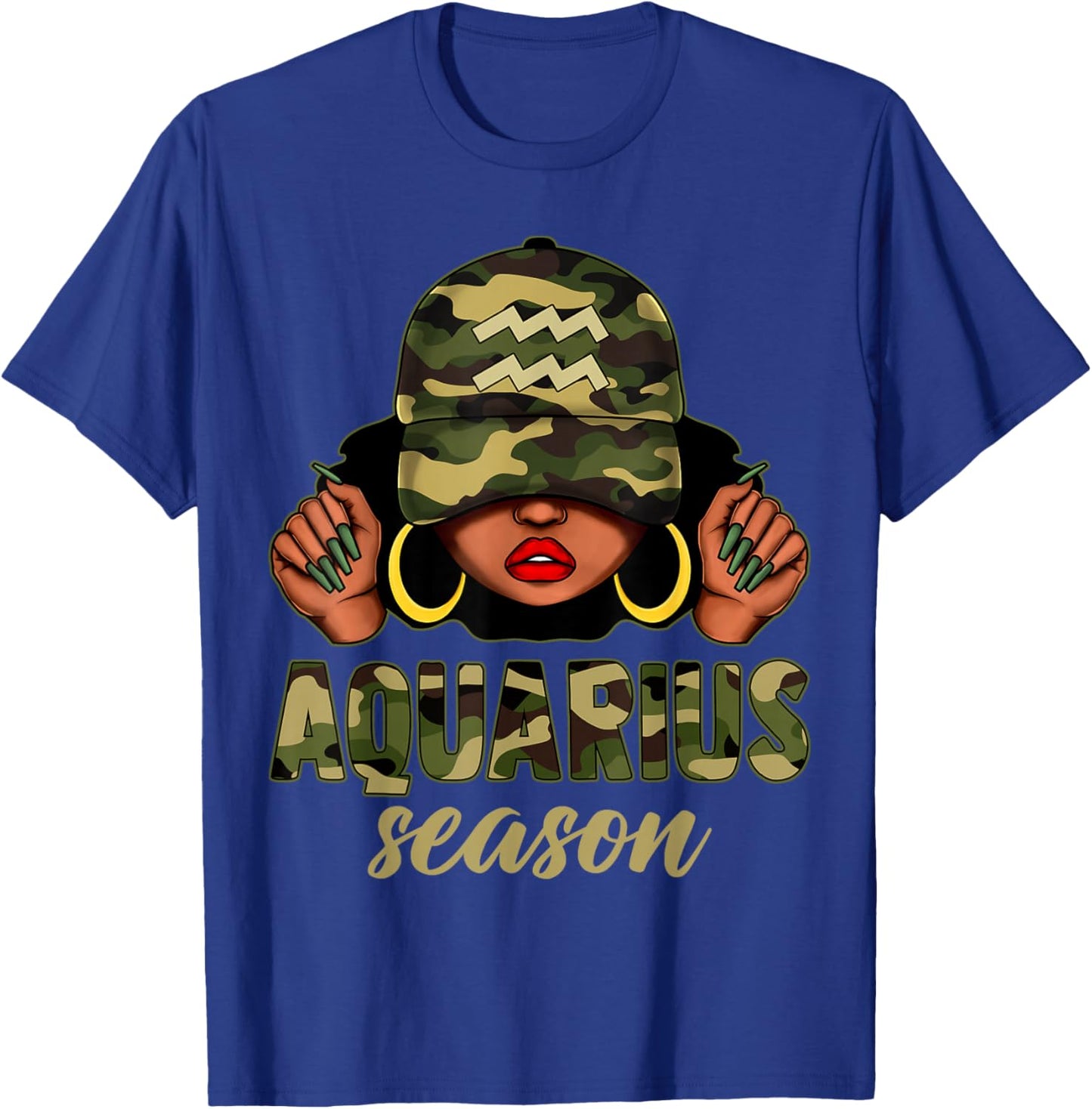 Aquarius Season Black Woman Camo Hat Afro Girl Zodiac T-Shirt - T-Shirt | Royal