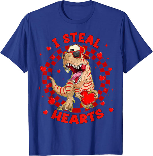 Happy Valentine I Steal Hearts Trex Funny Dinosaur Men Women T-Shirt - T-Shirt | Royal