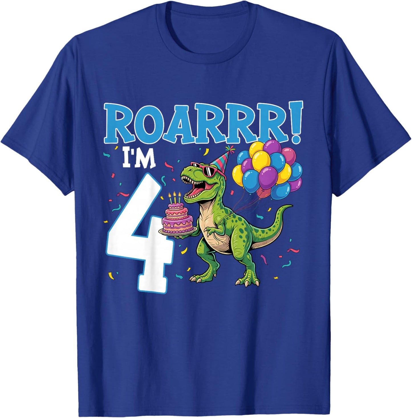 4th Birthday 4 Years Old Boys Girls Roar I'm 4 Dinosaur T-Shirt - T-Shirt | Royal